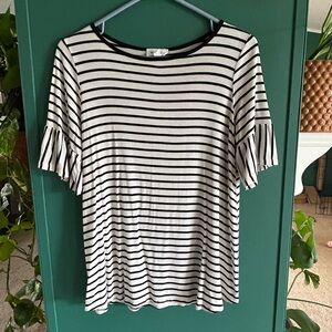 Women's Black & White Striped Short Sleeve Ruffle Top